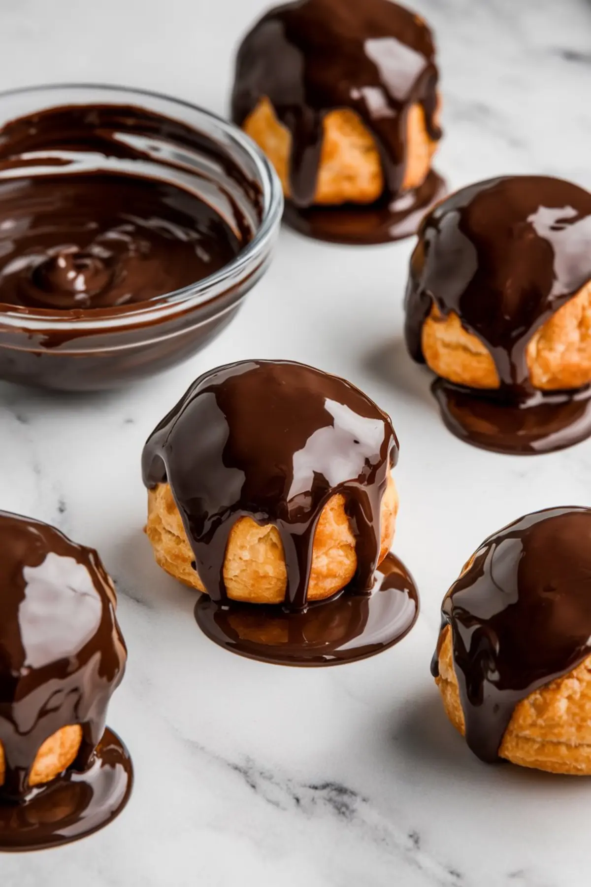 Choux pastry puffs dipped in thick, glossy chocolate ganache on a marble surface, with a bowl of melted chocolate placed beside them.