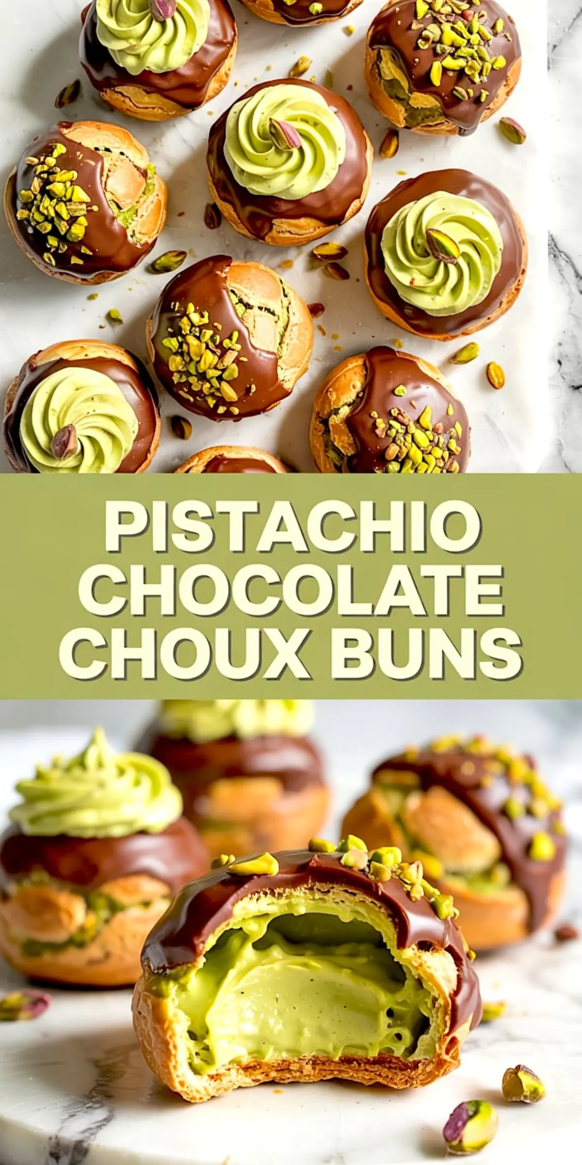 Collage image showing multiple pistachio chocolate choux buns with glossy chocolate tops, pistachio whipped cream swirls, chopped nuts, and one bun sliced open to reveal creamy green pistachio filling.