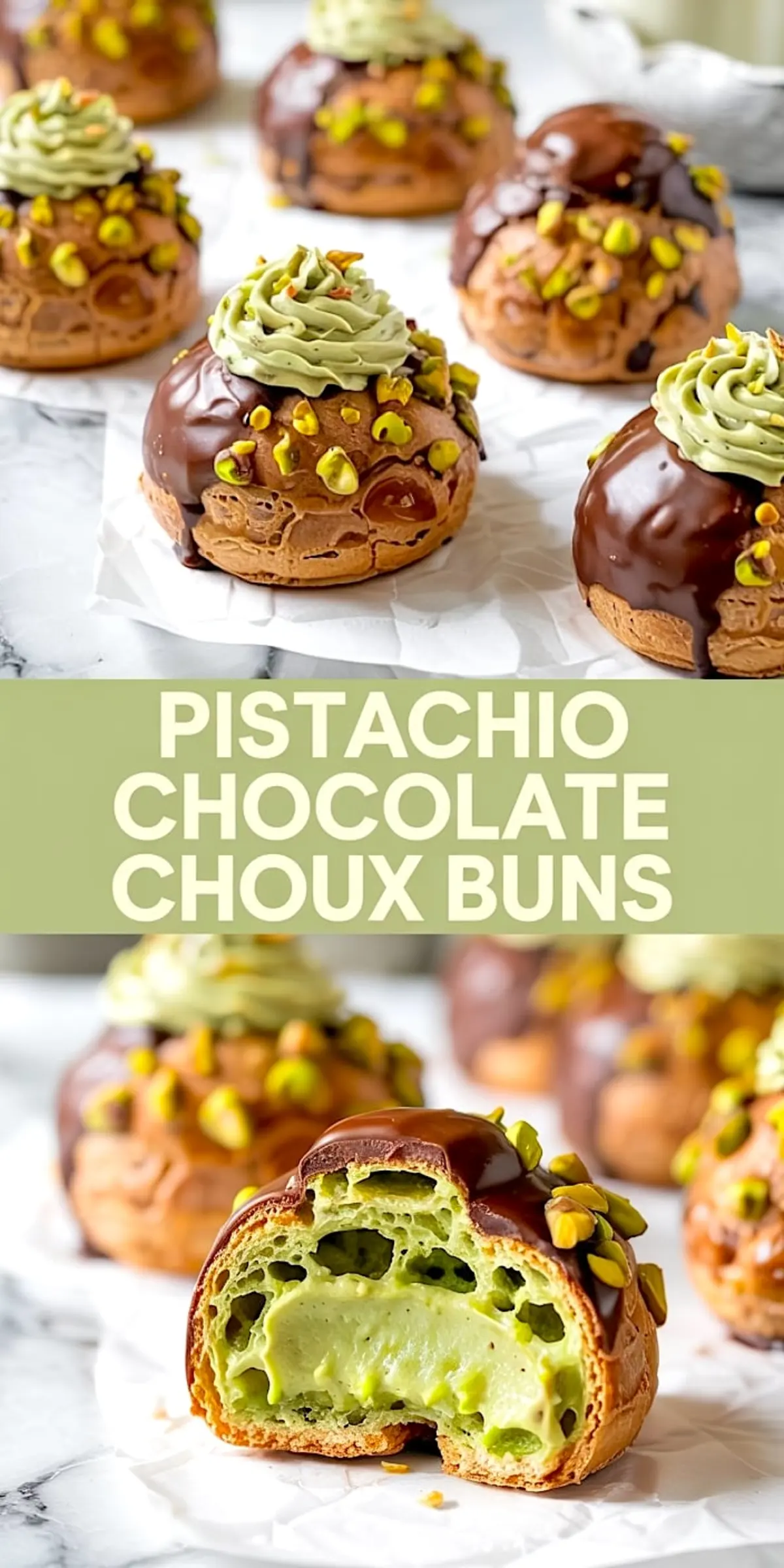 Collage image of pistachio chocolate choux buns featuring piped green pistachio cream, chocolate glaze, crushed pistachios, and a cut-open bun revealing a vibrant green pistachio filling.