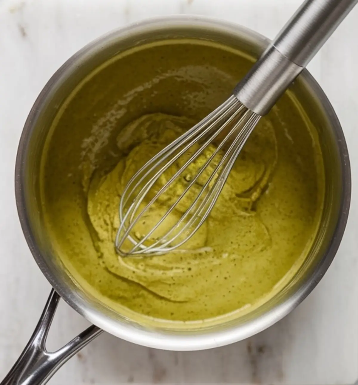 Whisk stirring creamy pistachio custard filling in a metal saucepan, showing smooth texture and rich green color.