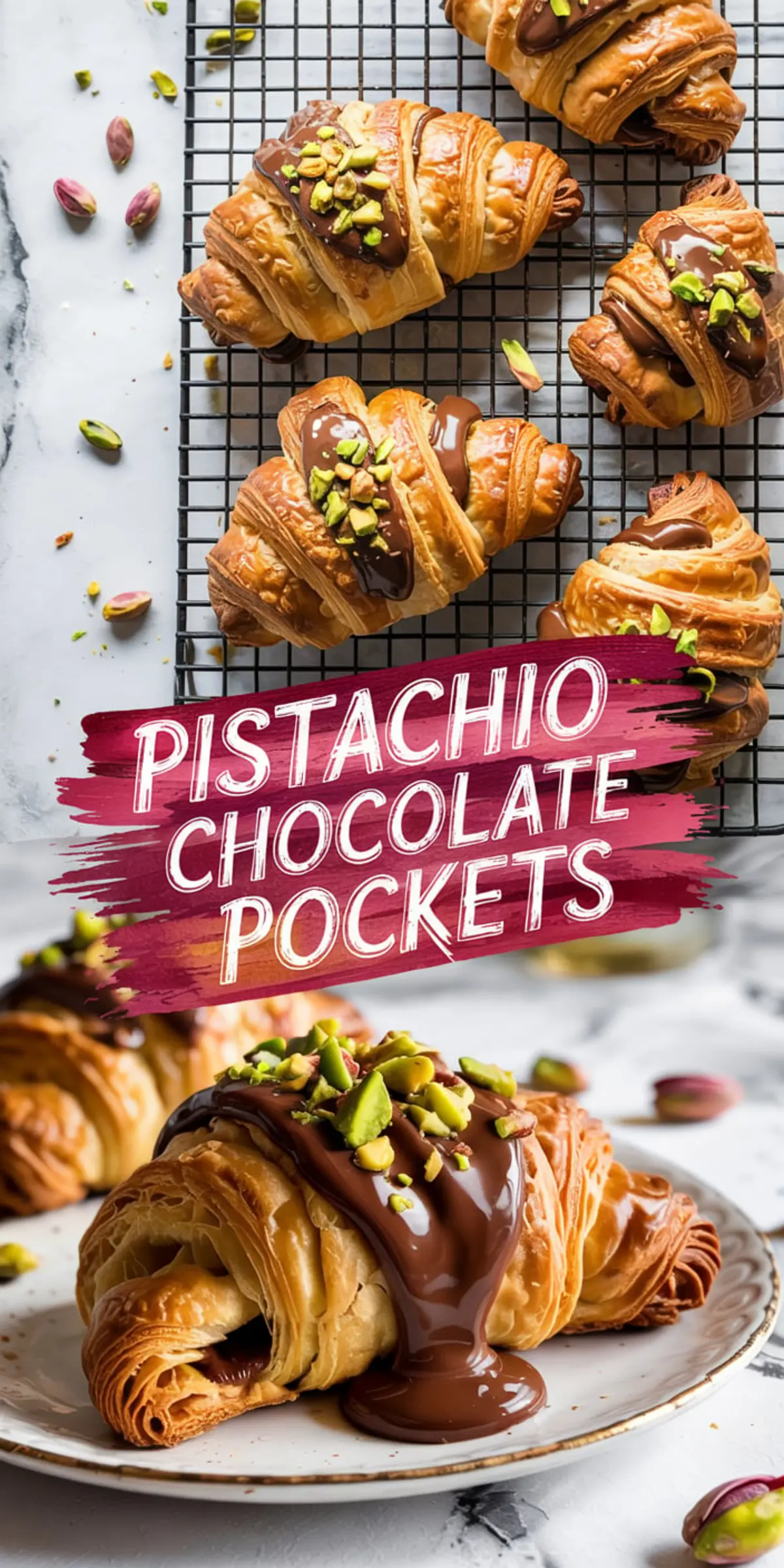Collage of golden-baked pistachio chocolate croissants on a wire rack and served on a plate, topped with melted chocolate and chopped pistachios, showcasing flaky pastry layers and rich filling on a marble background.