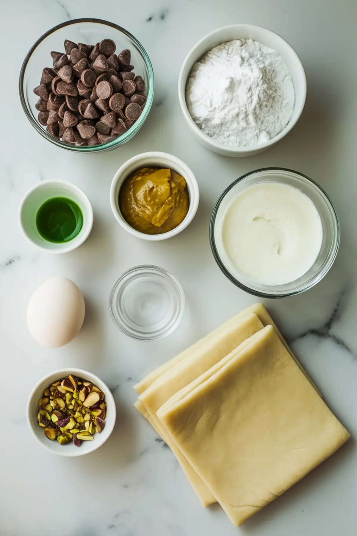 Flat lay of ingredients for pistachio chocolate croissants, including chocolate chips, powdered sugar, pistachio paste, egg, yogurt, chopped pistachios, green syrup, and puff pastry sheets on a white marble background.