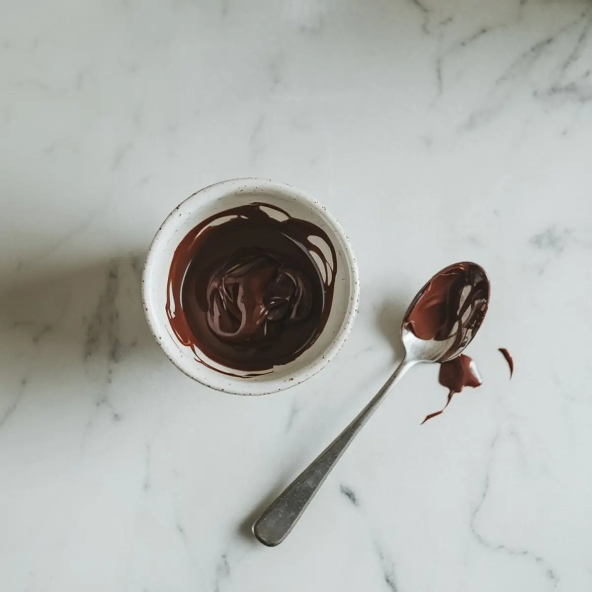 Overhead view of a small white bowl with melted dark chocolate and a spoon, both smeared with chocolate, placed on a marble countertop.