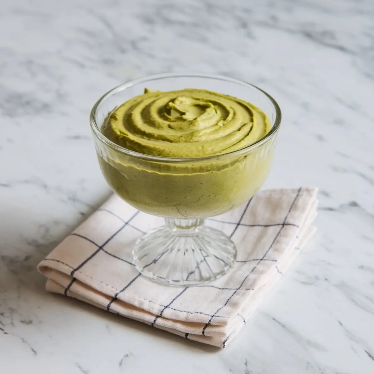 Glass dessert dish filled with smooth, swirled green pistachio cream, placed on a folded white napkin with navy grid lines on a marble background.