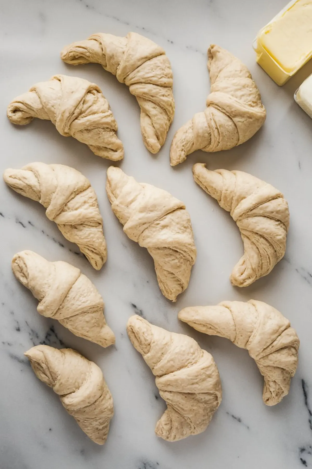 Raw crescent croissant dough arranged on a marble surface with butter in the corner, showcasing unbaked layers and texture.