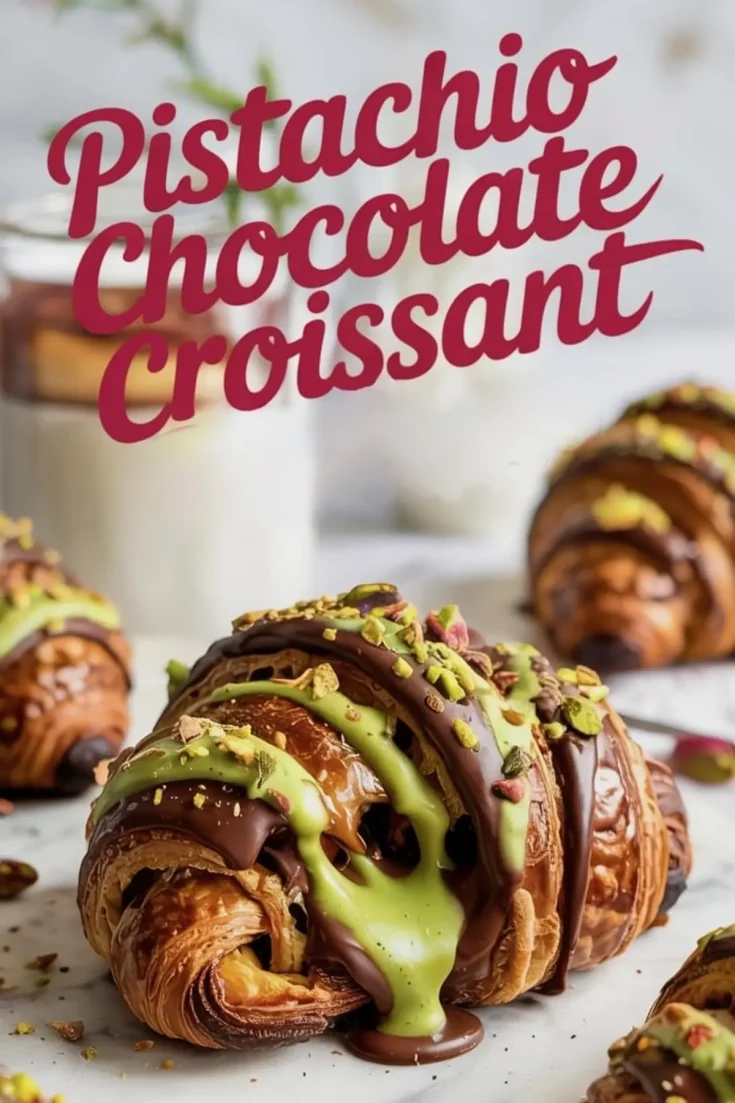 Close-up of a baked croissant drizzled with dark chocolate and vibrant green pistachio sauce, topped with crushed pistachios, with more croissants and milk jars in the background.