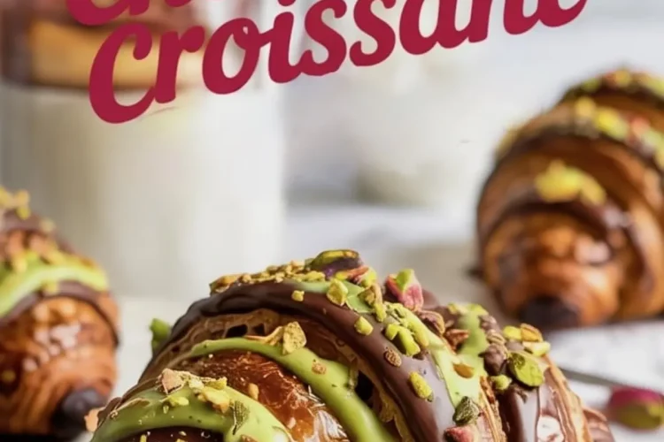 Close-up of a baked croissant drizzled with dark chocolate and vibrant green pistachio sauce, topped with crushed pistachios, with more croissants and milk jars in the background.