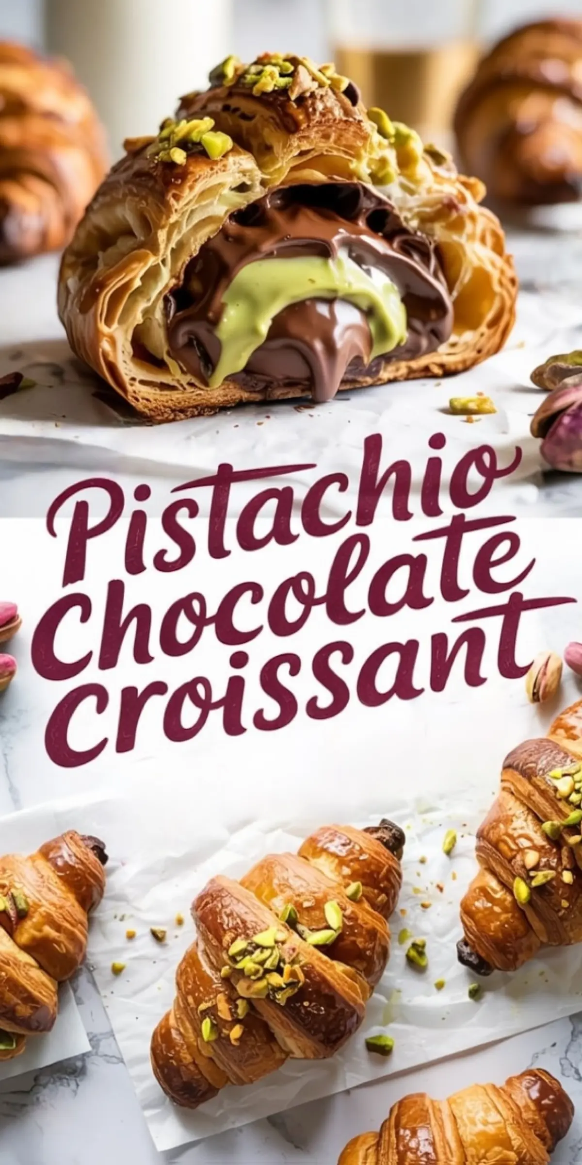Collage of chocolate pistachio croissants with glossy chocolate and pistachio sauce filling, shown cut open and whole, placed on parchment over marble with visible texture and garnishes.