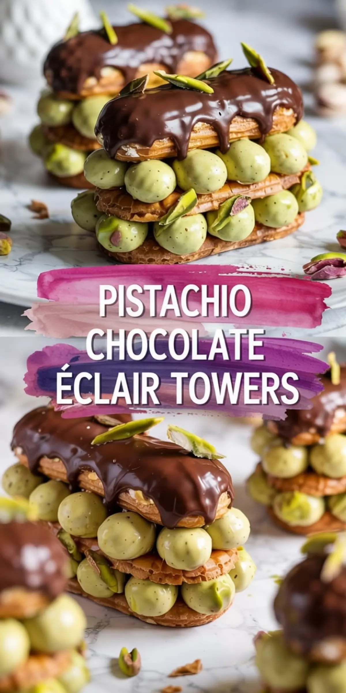 Three-tiered pistachio chocolate éclair towers layered with green pistachio cream and topped with dark chocolate glaze and pistachio slivers on a marble backdrop.