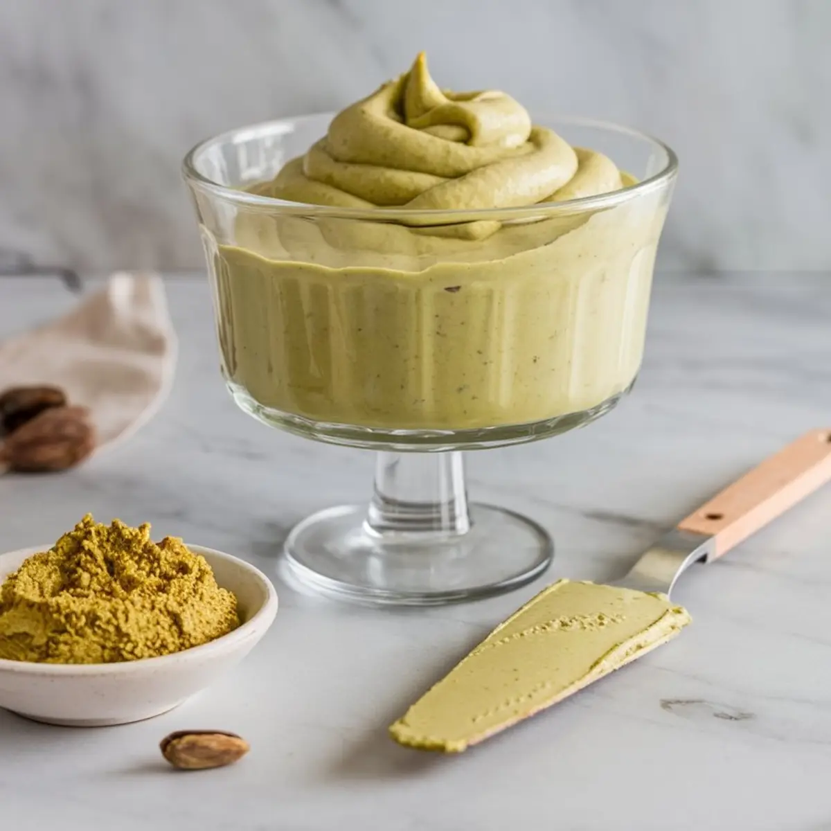 Glass dish filled with silky pistachio pastry cream with a smooth swirl on top, accompanied by a palette knife and a small bowl of ground pistachios on a marble background.