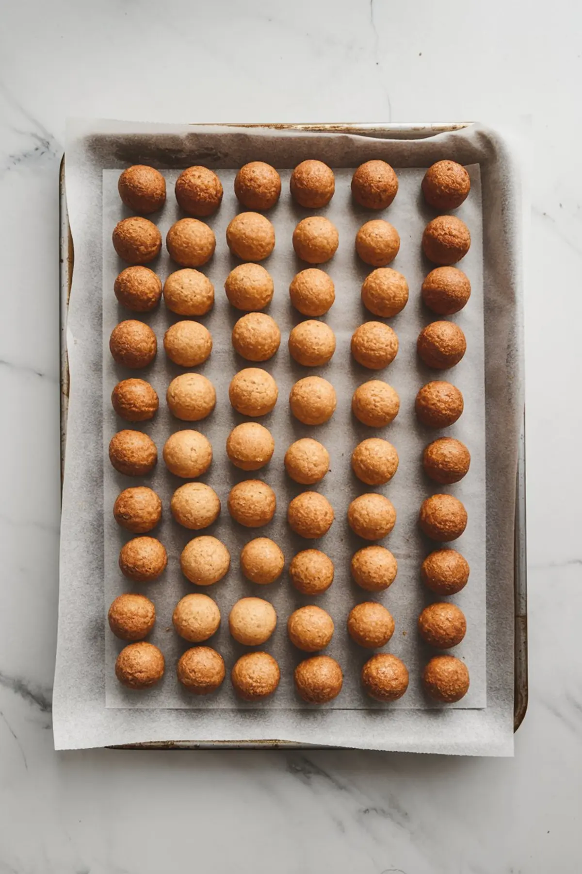 Rows of uniformly baked choux pastry puffs arranged in a grid on a parchment-lined baking tray, golden brown and ready for filling.