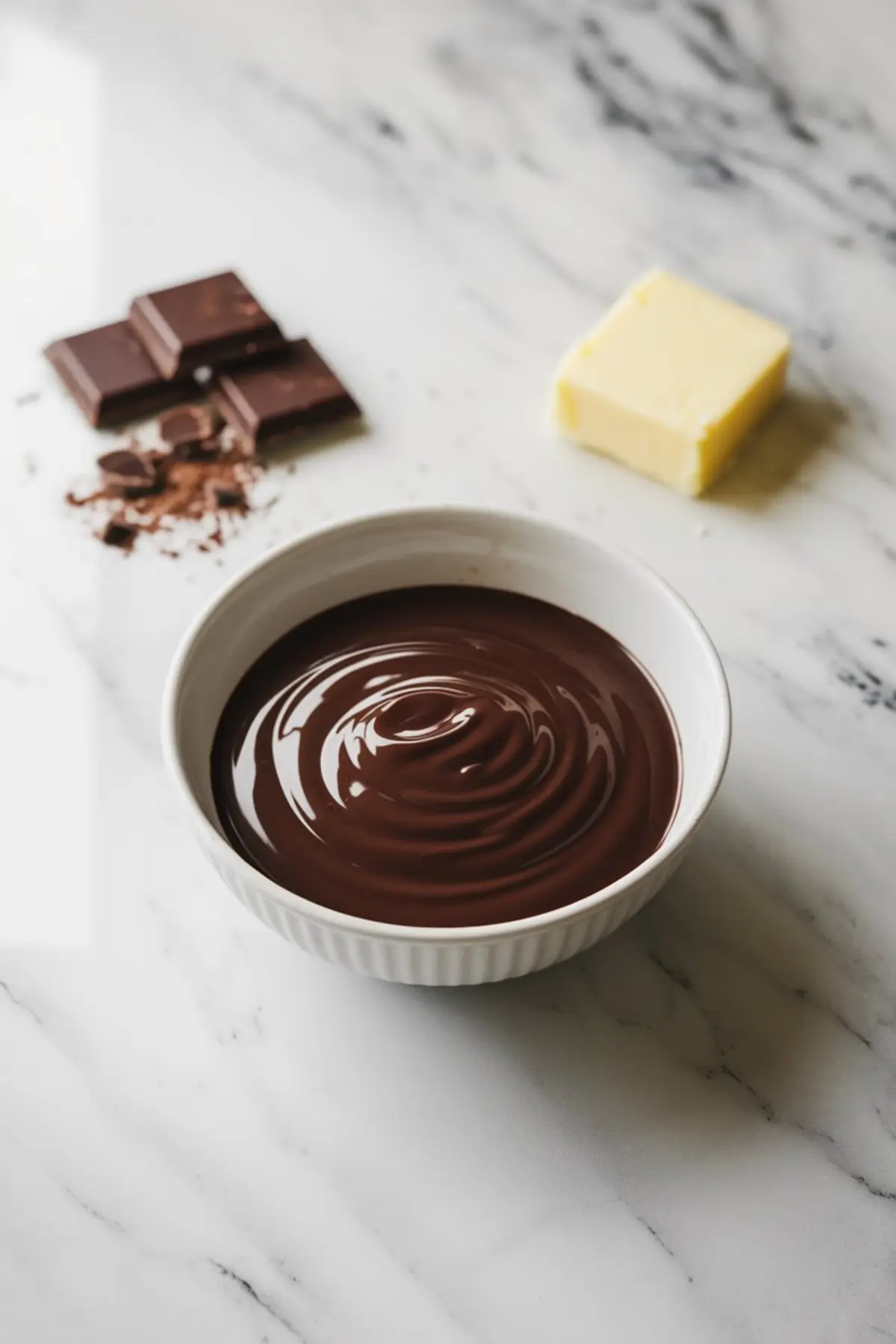 Bowl of melted dark chocolate ganache with chocolate chunks and a block of butter on the side, styled on a white marble counter for dessert preparation.