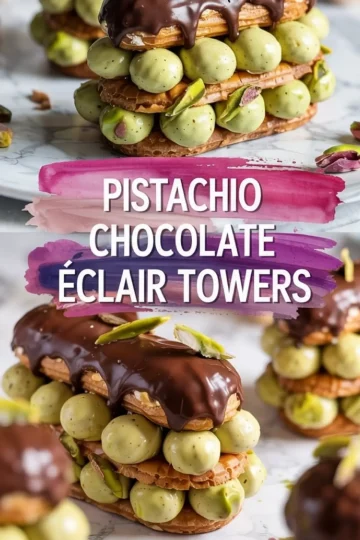 Three-tiered pistachio chocolate éclair towers filled with green pistachio cream puffs, stacked between crisp pastry layers and topped with glossy dark chocolate glaze and chopped pistachios on a marble surface.