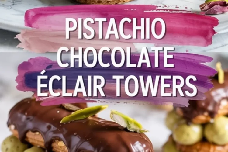 Three-tiered pistachio chocolate éclair towers filled with green pistachio cream puffs, stacked between crisp pastry layers and topped with glossy dark chocolate glaze and chopped pistachios on a marble surface.