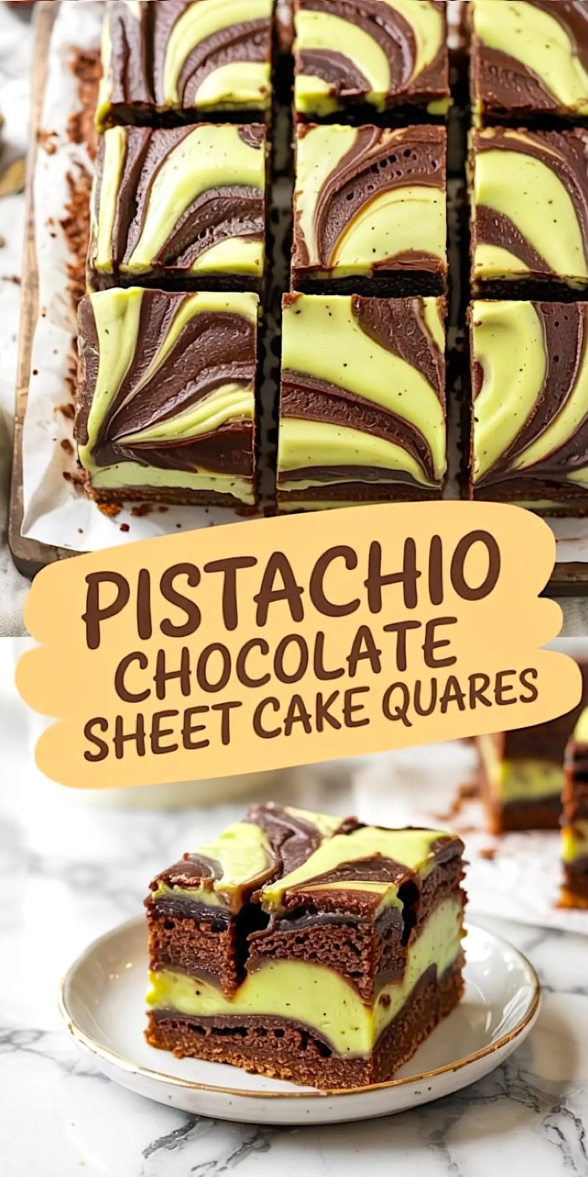 A rectangular pistachio chocolate sheet cake is sliced into even squares on a white tray, topped with smooth chocolate and pistachio swirls in a striking marbled pattern.