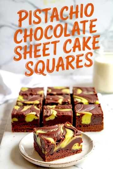 Neatly arranged squares of pistachio chocolate sheet cake feature bold swirls of vibrant green pistachio and dark chocolate layers with a dense, rich texture.