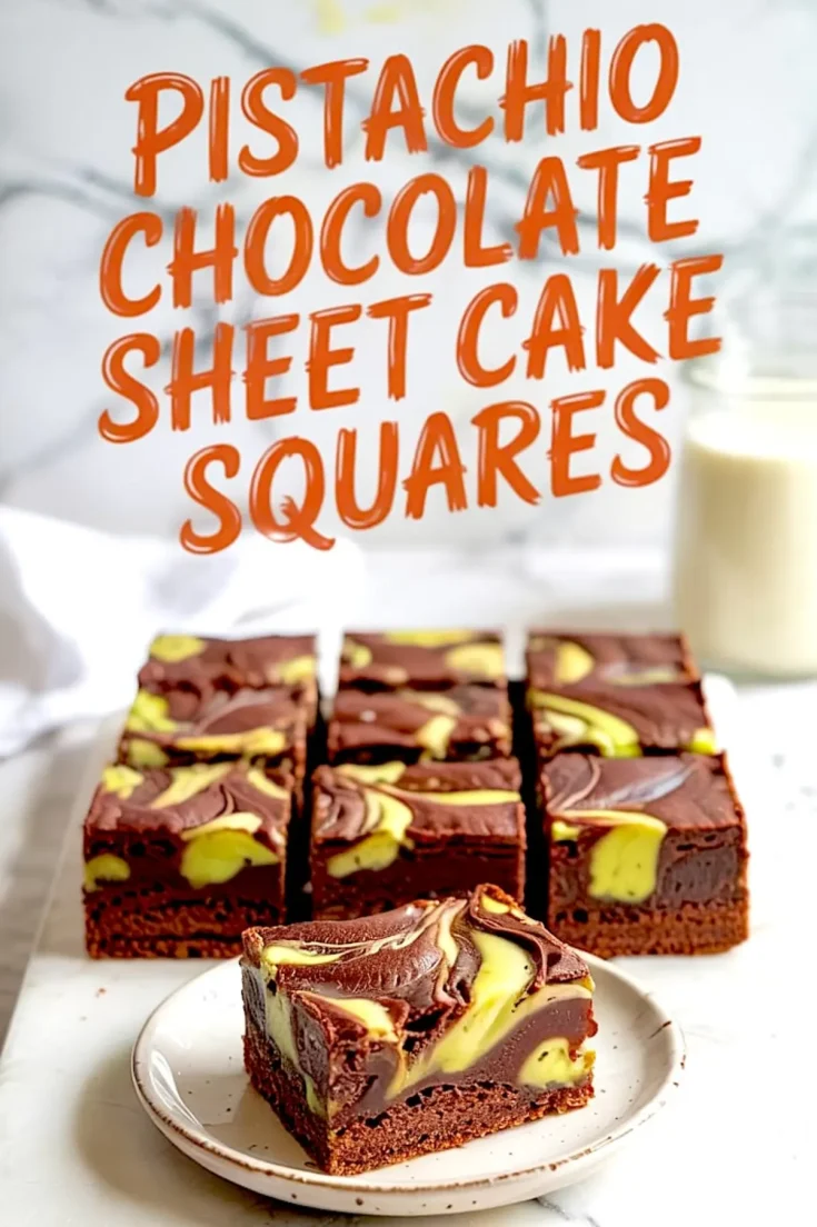 Neatly arranged squares of pistachio chocolate sheet cake feature bold swirls of vibrant green pistachio and dark chocolate layers with a dense, rich texture.