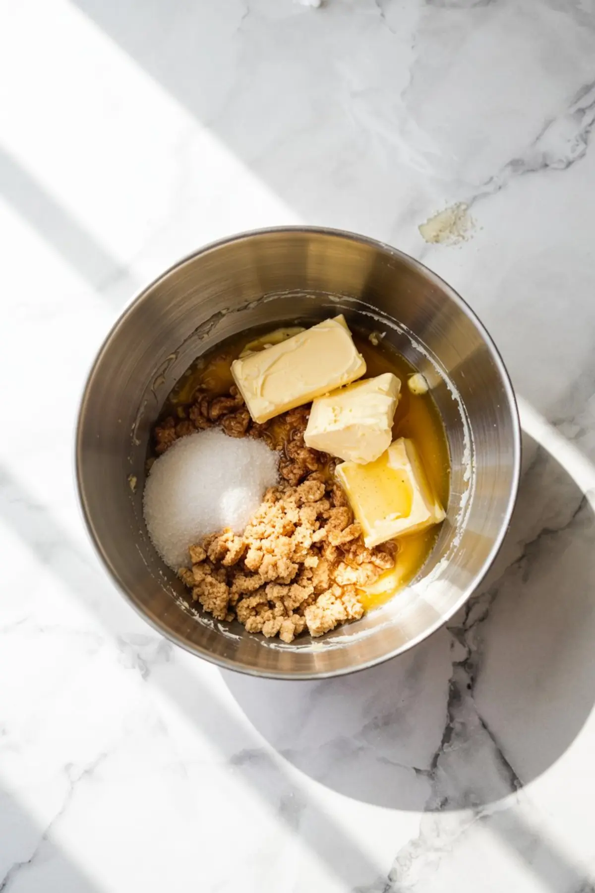 Mixing bowl filled with softened butter, granulated sugar, brown sugar, and chopped nuts on a sunlit marble counter, showing the base ingredients for the sheet cake crust.