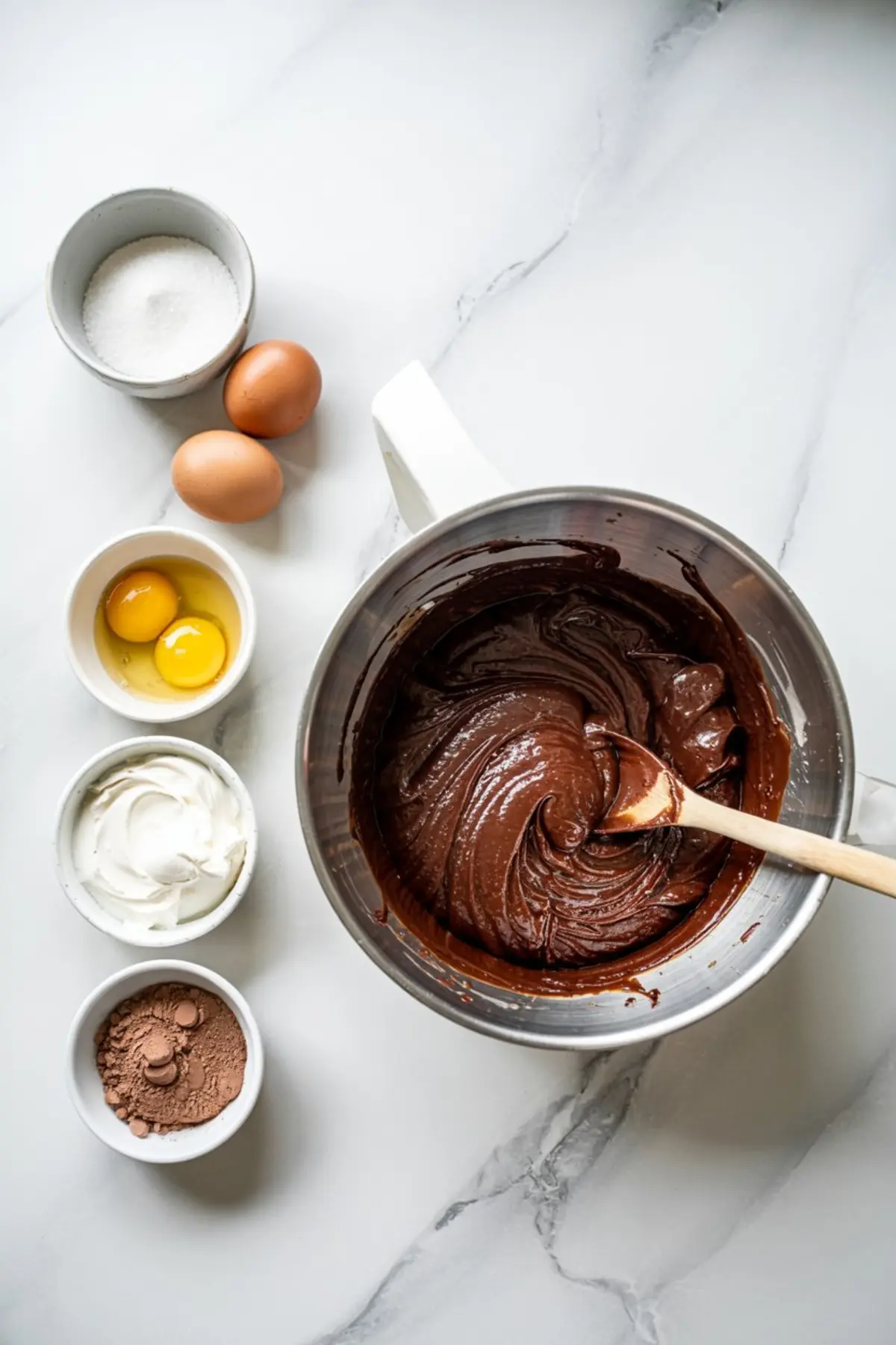Thick chocolate batter being mixed in a metal bowl beside raw ingredients like eggs, cocoa powder, sour cream, and sugar on a white marble surface.