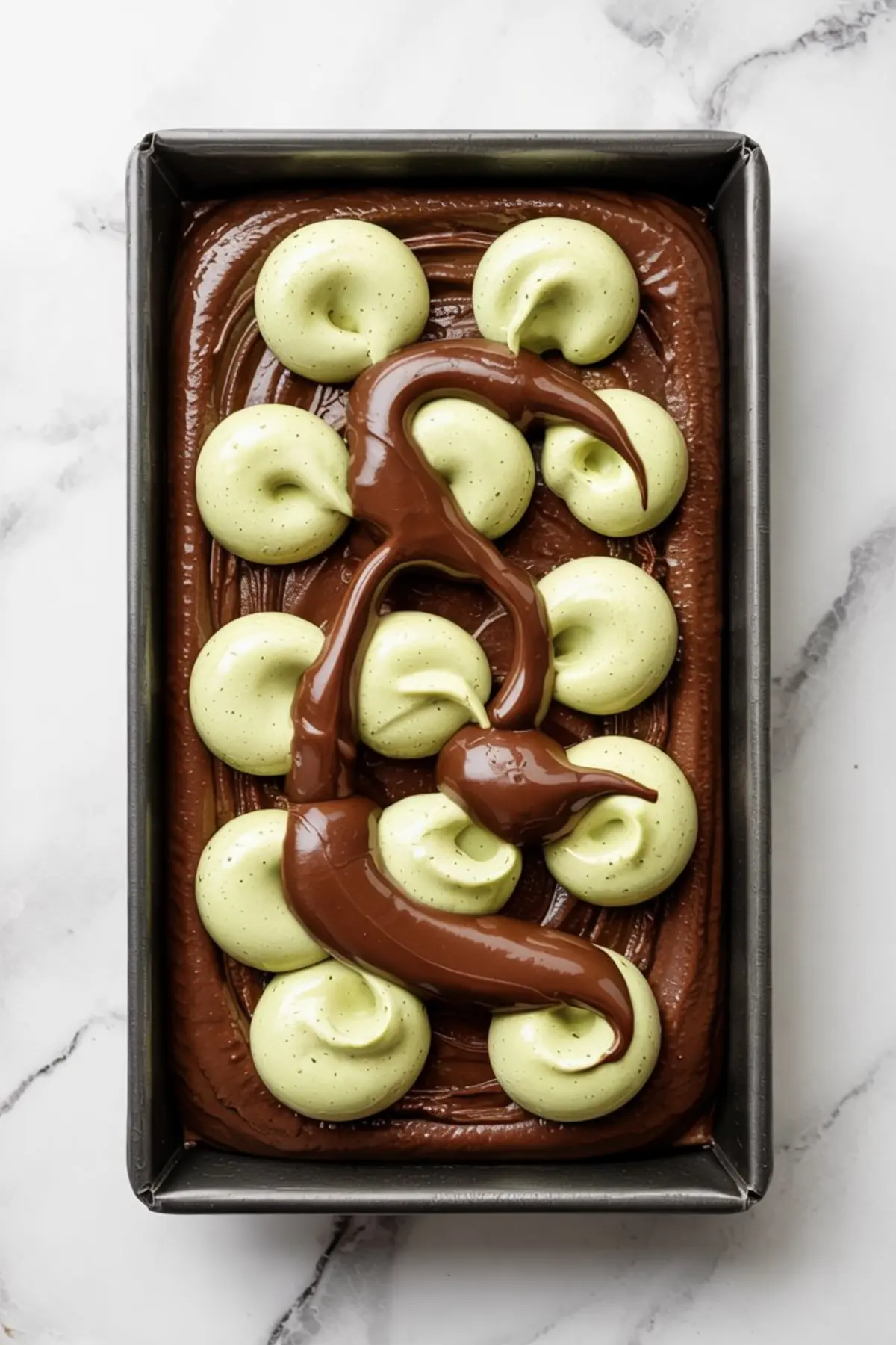 Unbaked sheet cake in a pan with piped dollops of pale green pistachio cream and swirls of chocolate batter arranged over a rich chocolate base.