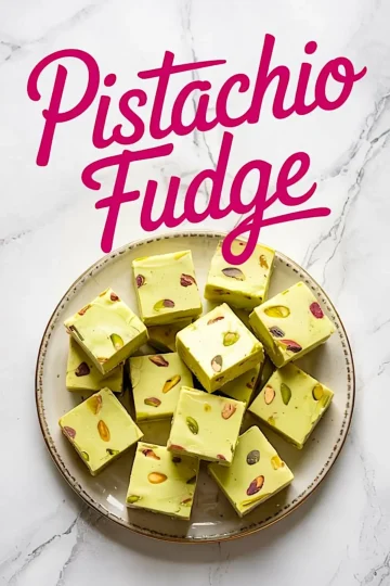 Overhead view of pistachio fudge squares arranged on a round ceramic plate. The pale green fudge is studded with whole pistachios, creating a vibrant contrast of green, yellow, and purple hues. Bold pink script reading “Pistachio Fudge” overlays the marble background.
