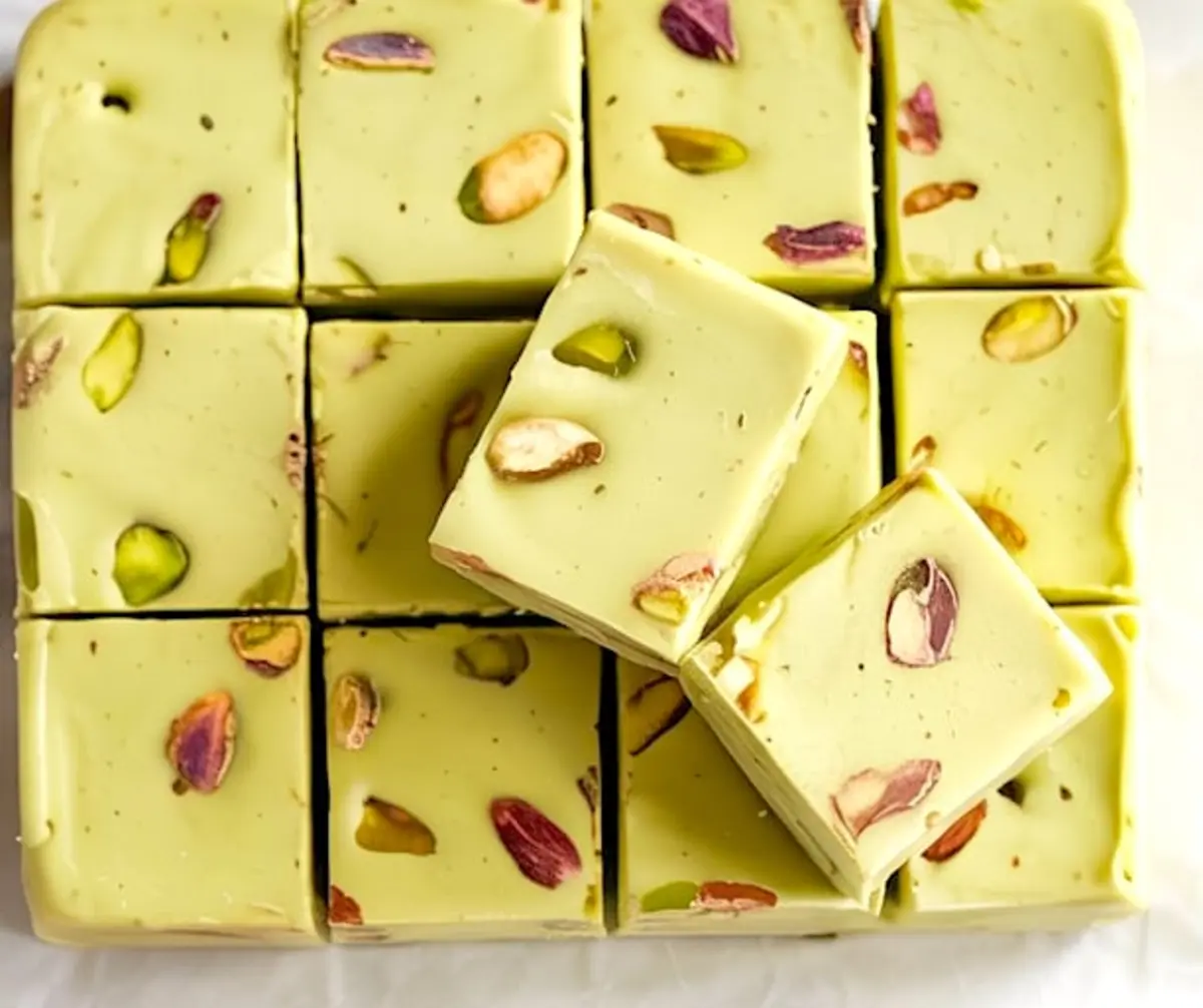 Close-up of freshly cut pistachio fudge blocks arranged in a neat grid. Each pale green fudge square is embedded with colorful pistachios, showing their distinct green and purple shades on the creamy surface.