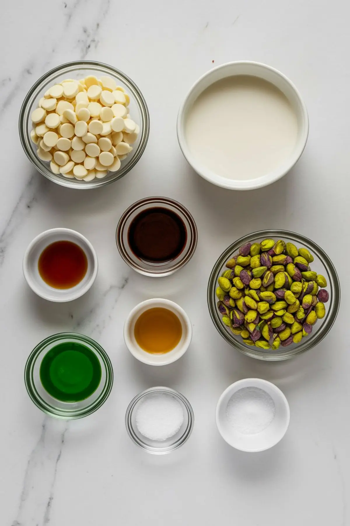 Flat lay of pistachio fudge ingredients on a marble countertop. Ingredients include white chocolate chips, heavy cream, shelled pistachios, vanilla extract, pistachio extract, sweetened condensed milk, almond extract, sugar, and salt, displayed in small glass and ceramic bowls.