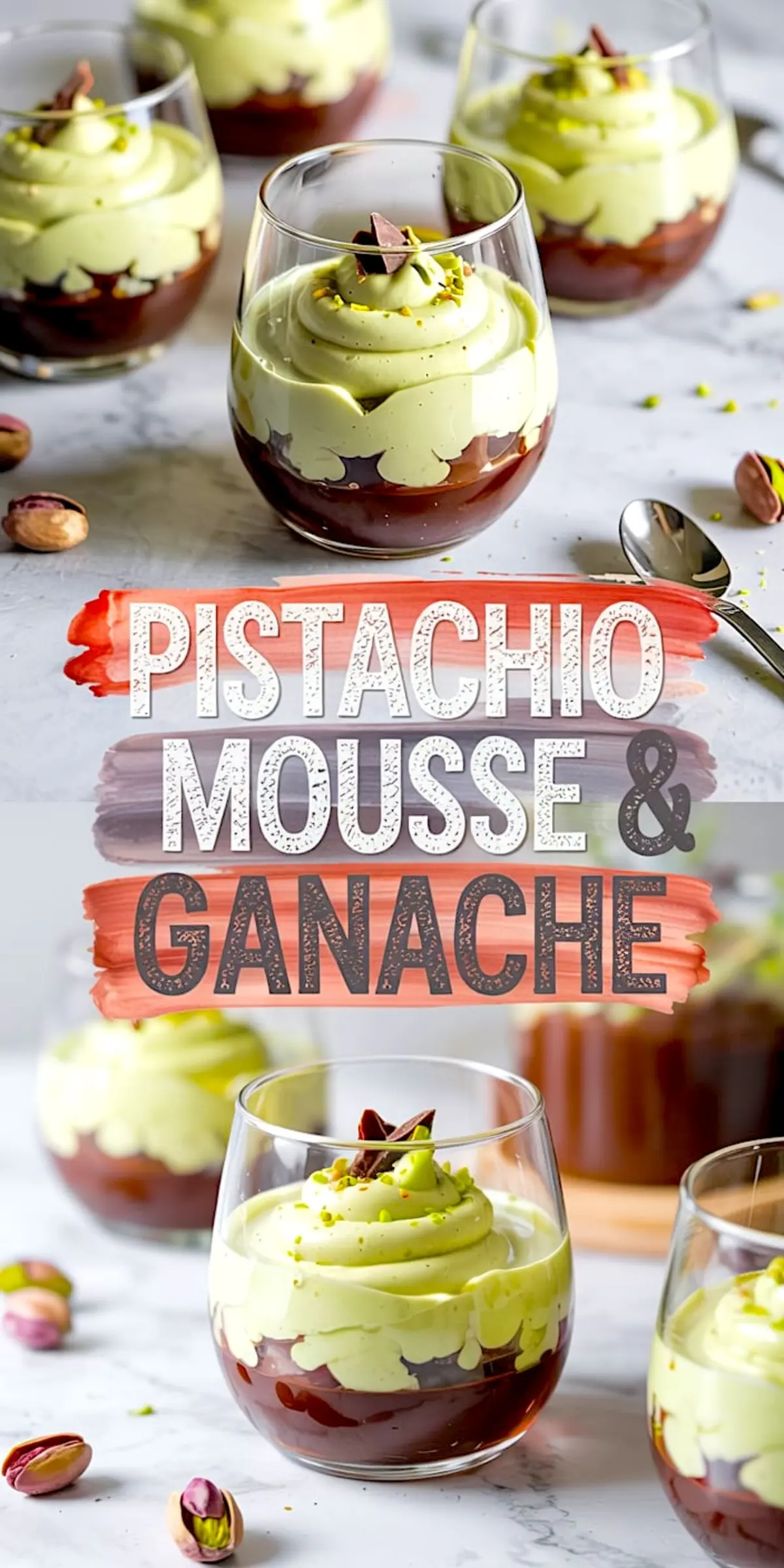 Elegant dessert glasses showcasing creamy pistachio mousse over rich chocolate ganache, garnished with crushed pistachios and chocolate curls, with pistachios and spoons arranged on the marble tabletop.
