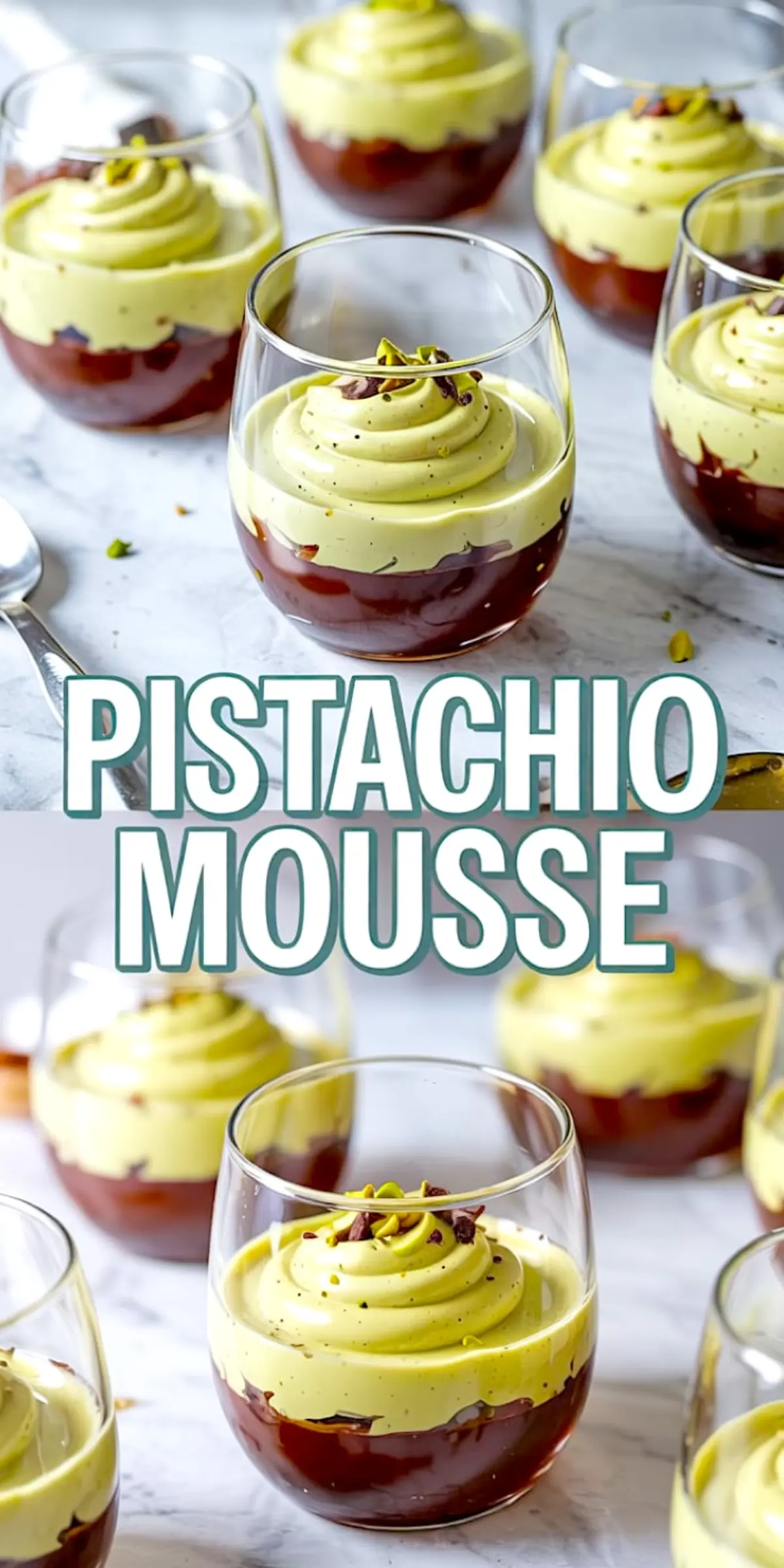 Glass cups filled with layered pistachio mousse and chocolate ganache, topped with chopped pistachios and chocolate shavings, displayed on a marble surface with silver spoons.