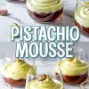 Individual glass servings of pistachio mousse with a smooth swirl on top of dark chocolate ganache, finished with small pistachio pieces and chocolate drizzle, placed on a white marble surface.