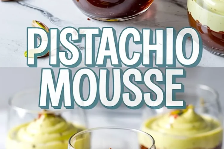 Individual glass servings of pistachio mousse with a smooth swirl on top of dark chocolate ganache, finished with small pistachio pieces and chocolate drizzle, placed on a white marble surface.