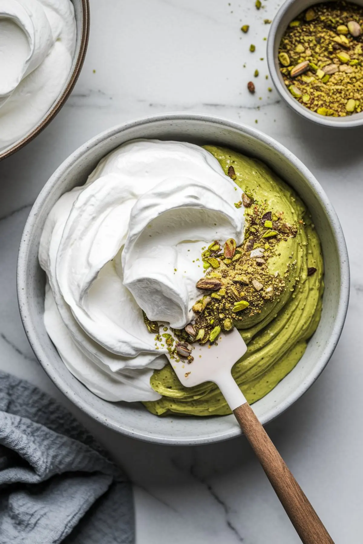Bowl containing freshly whipped cream folded into vibrant green pistachio paste, sprinkled with chopped pistachios, and surrounded by bowls of extra whipped cream and crushed nuts on a marble countertop.