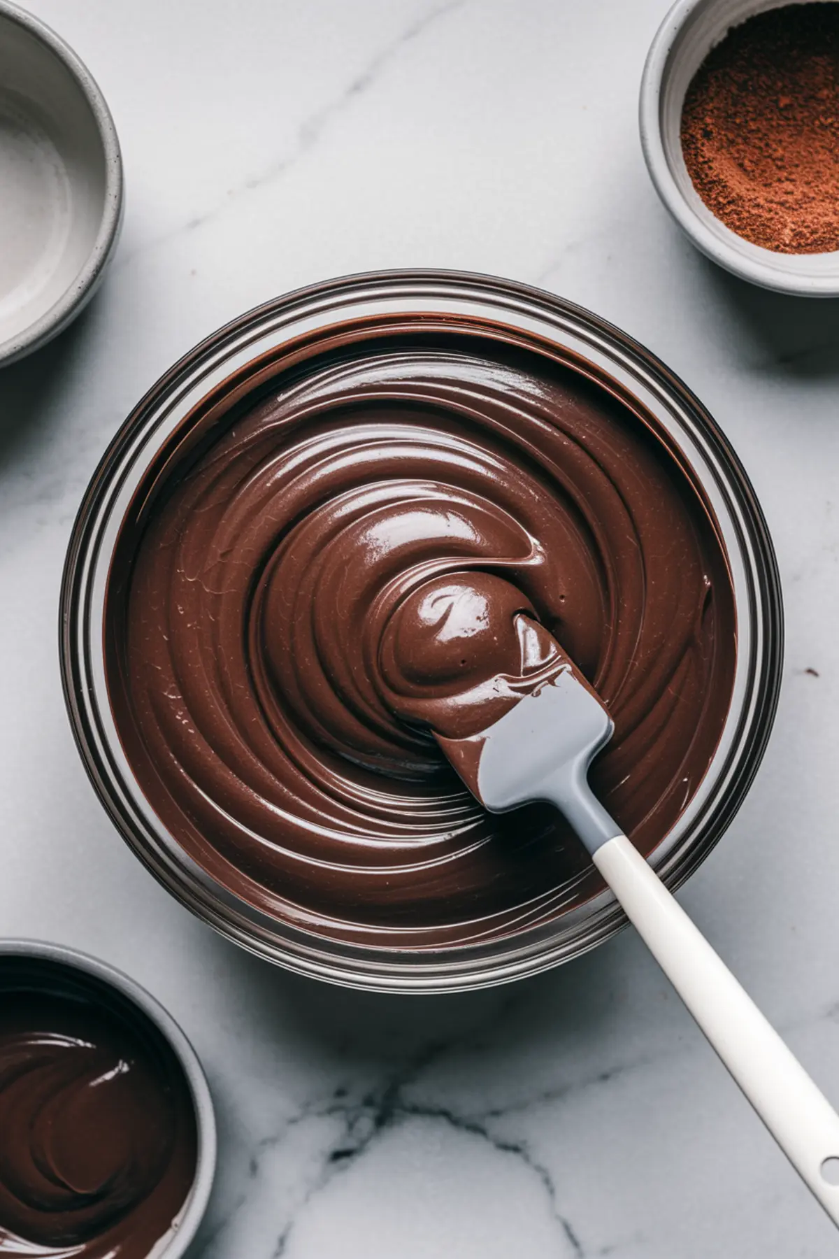 Glass bowl of silky smooth chocolate ganache being stirred with a spatula, surrounded by additional bowls on a marble background.
