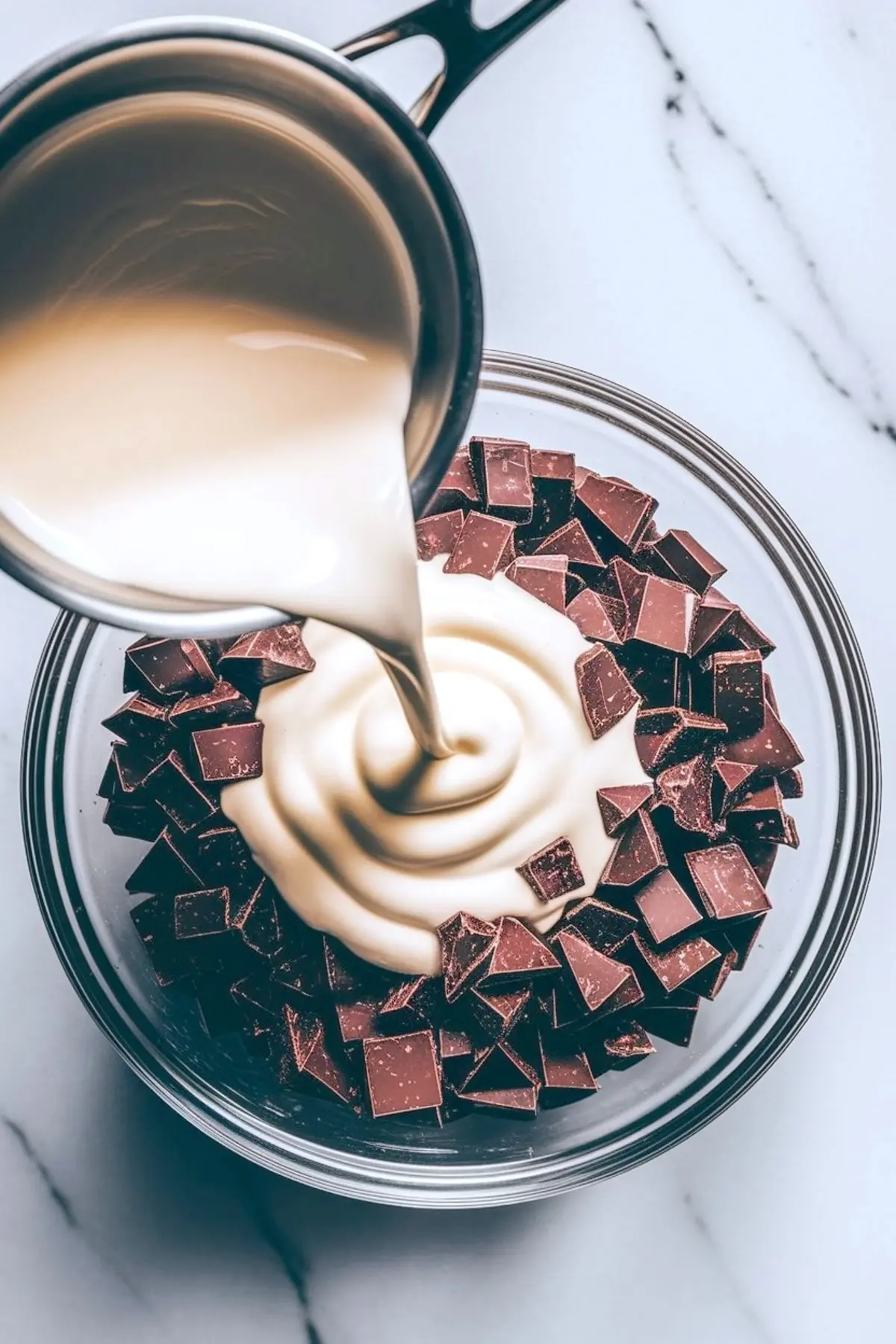 Cream being poured from a saucepan over chopped dark chocolate pieces in a glass bowl, starting the ganache preparation process on a marble surface.