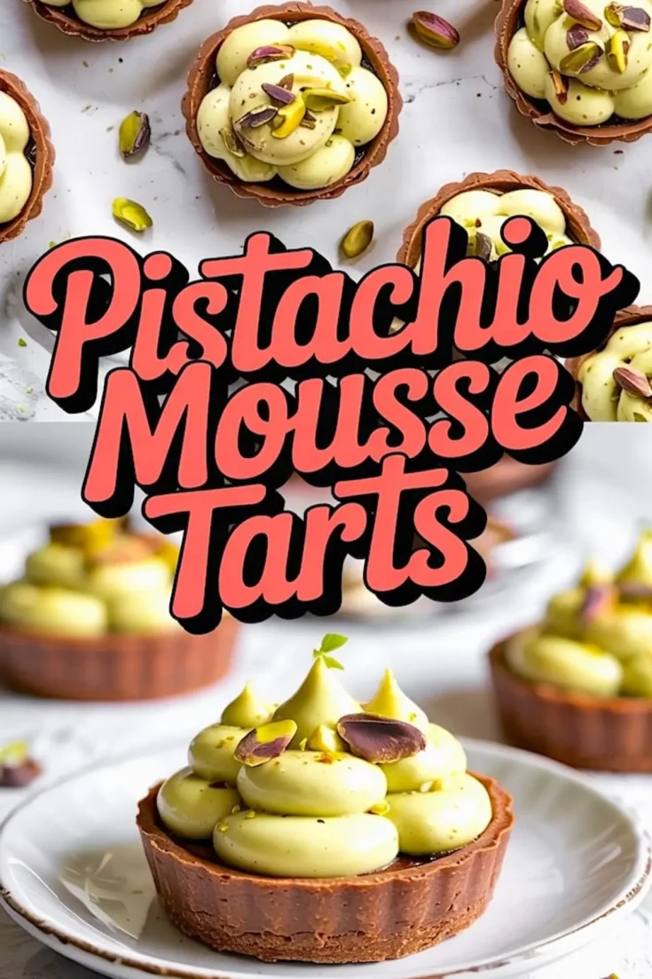 Top view and close-up of pistachio mousse tarts with chocolate crust, piped green mousse, and garnished with chopped pistachios on a white background with text overlay reading “Pistachio Mousse Tarts.”
