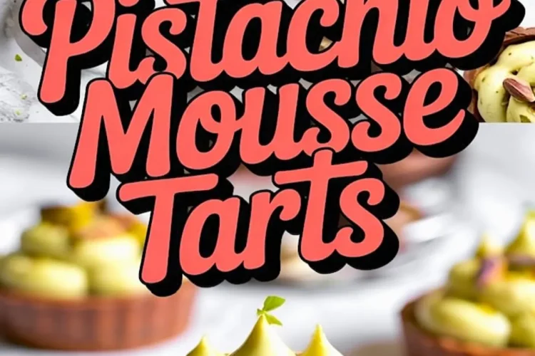 Top view and close-up of pistachio mousse tarts with chocolate crust, piped green mousse, and garnished with chopped pistachios on a white background with text overlay reading “Pistachio Mousse Tarts.”