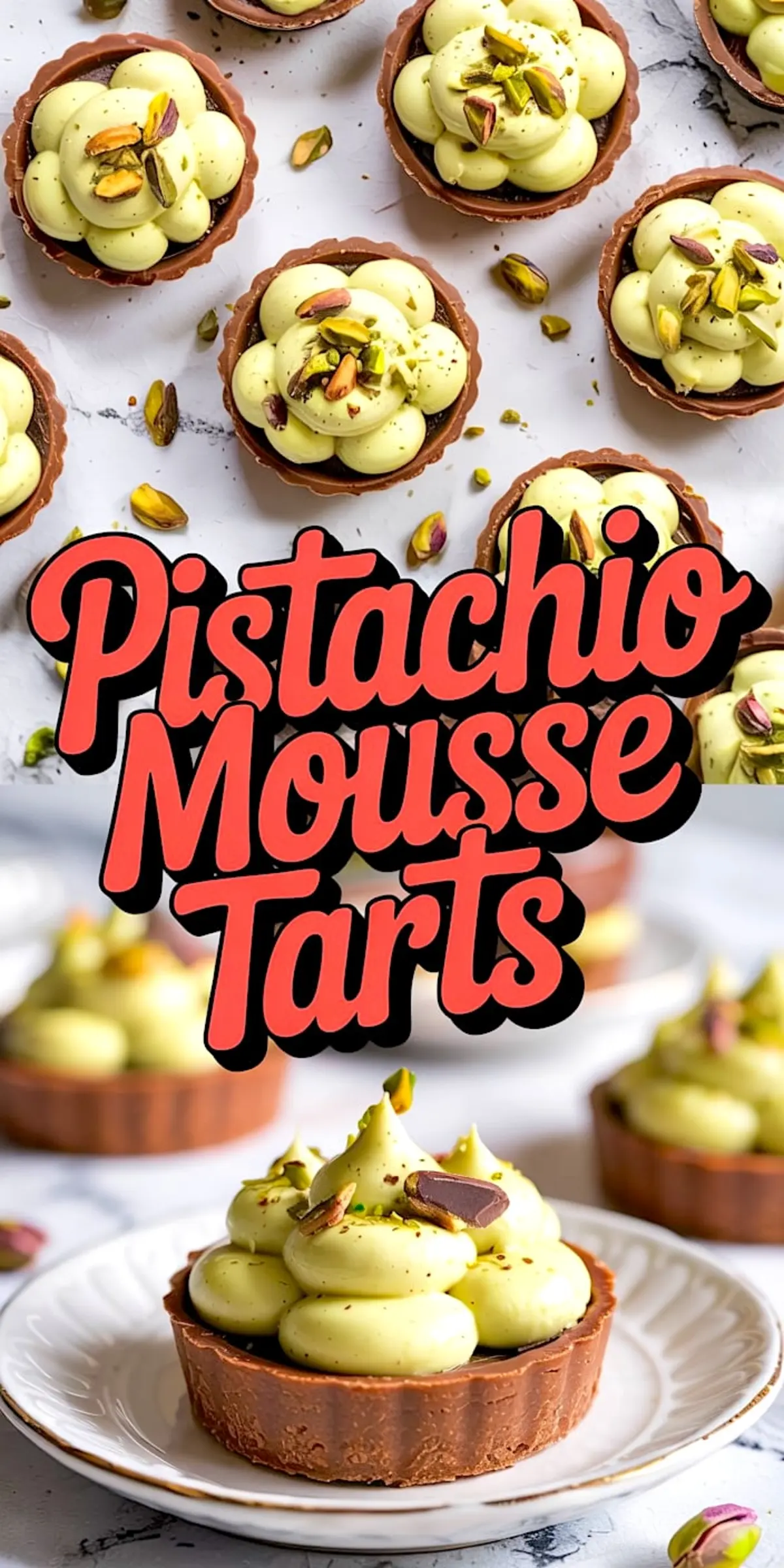 Top and bottom view of pistachio mousse tarts arranged on a marble surface. Each tart features a chocolate shell filled with piped pistachio mousse and topped with chopped pistachios, with text overlay “Pistachio Mousse Tarts.”
