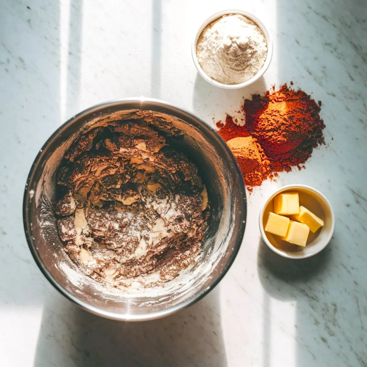 Overhead view of a mixing bowl with partially blended chocolate dough surrounded by ingredients on a marble surface, including flour, cocoa powder, butter cubes, and cinnamon powder.
