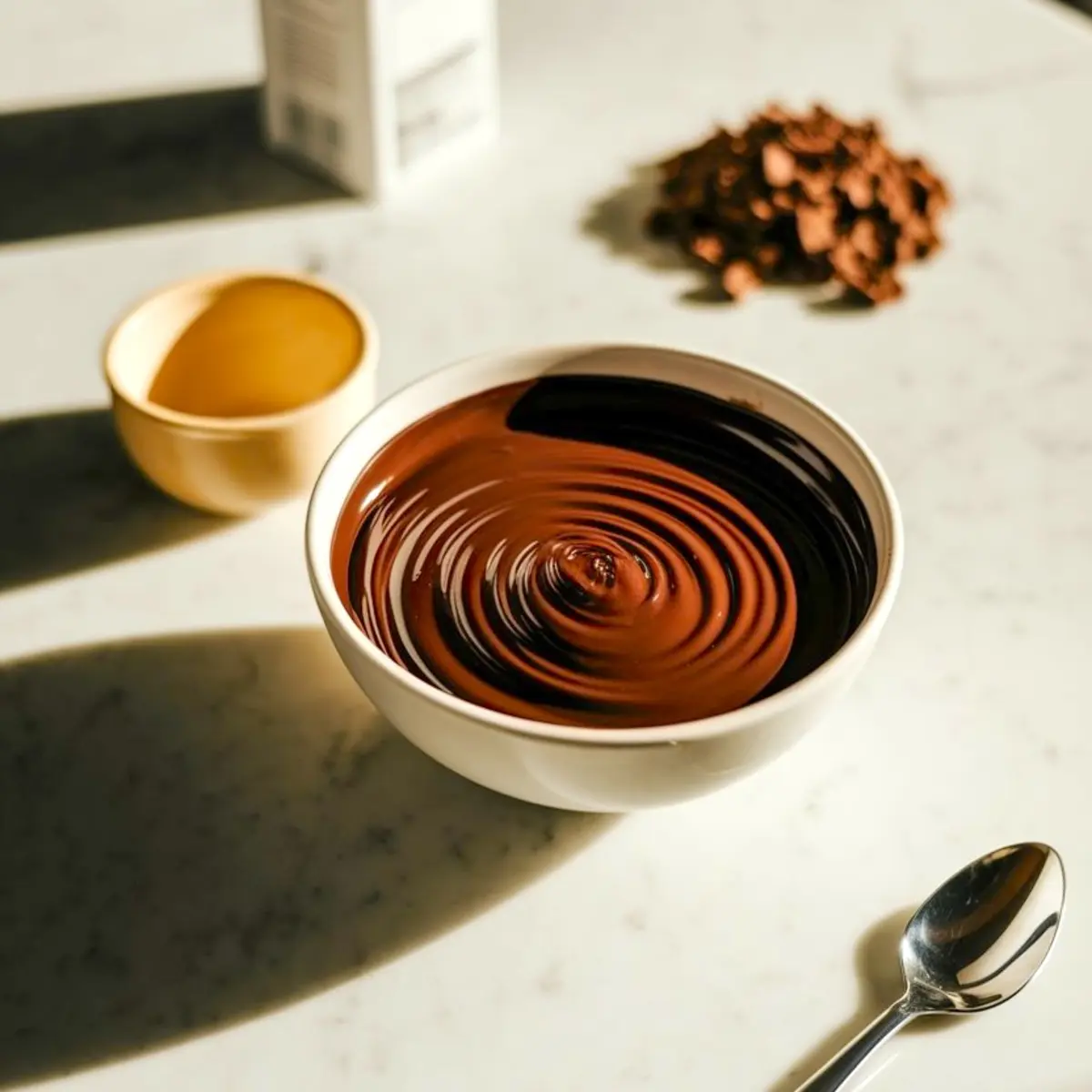 Bowl of glossy melted chocolate with a swirl pattern, next to a small bowl of melted butter and a blurred pile of chopped chocolate in the background on a marble countertop.
