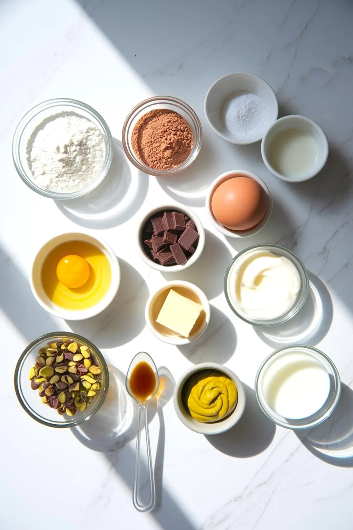 Flat lay of pistachio mousse tart ingredients on a white marble surface, including flour, cocoa powder, sugar, milk, egg, dark chocolate, butter, yogurt, pistachios, vanilla extract, pistachio paste, and cream.
