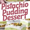 Collage image featuring the full tray of pistachio pudding dessert with a whipped cream swirl and pistachio garnish, paired with a plated slice that shows defined layers of pudding, cream, and nut crust.