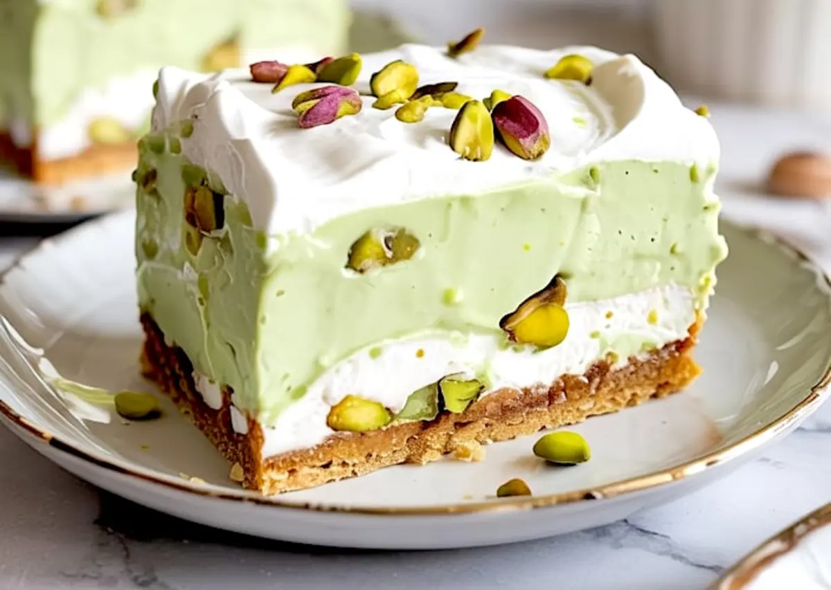 Close-up of a single slice of pistachio pudding dessert on a white plate, showing layers of pistachio pudding, whipped cream, and crushed pistachios over a golden cookie crust.