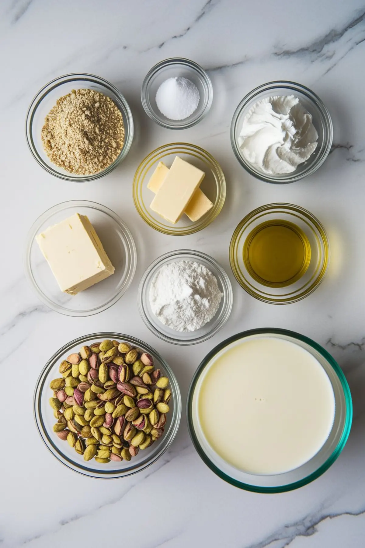 Flat lay of ingredients in small glass bowls for pistachio pudding dessert, including whole pistachios, heavy cream, powdered sugar, butter, whipped topping, almond flour, and oil on a white marble background.