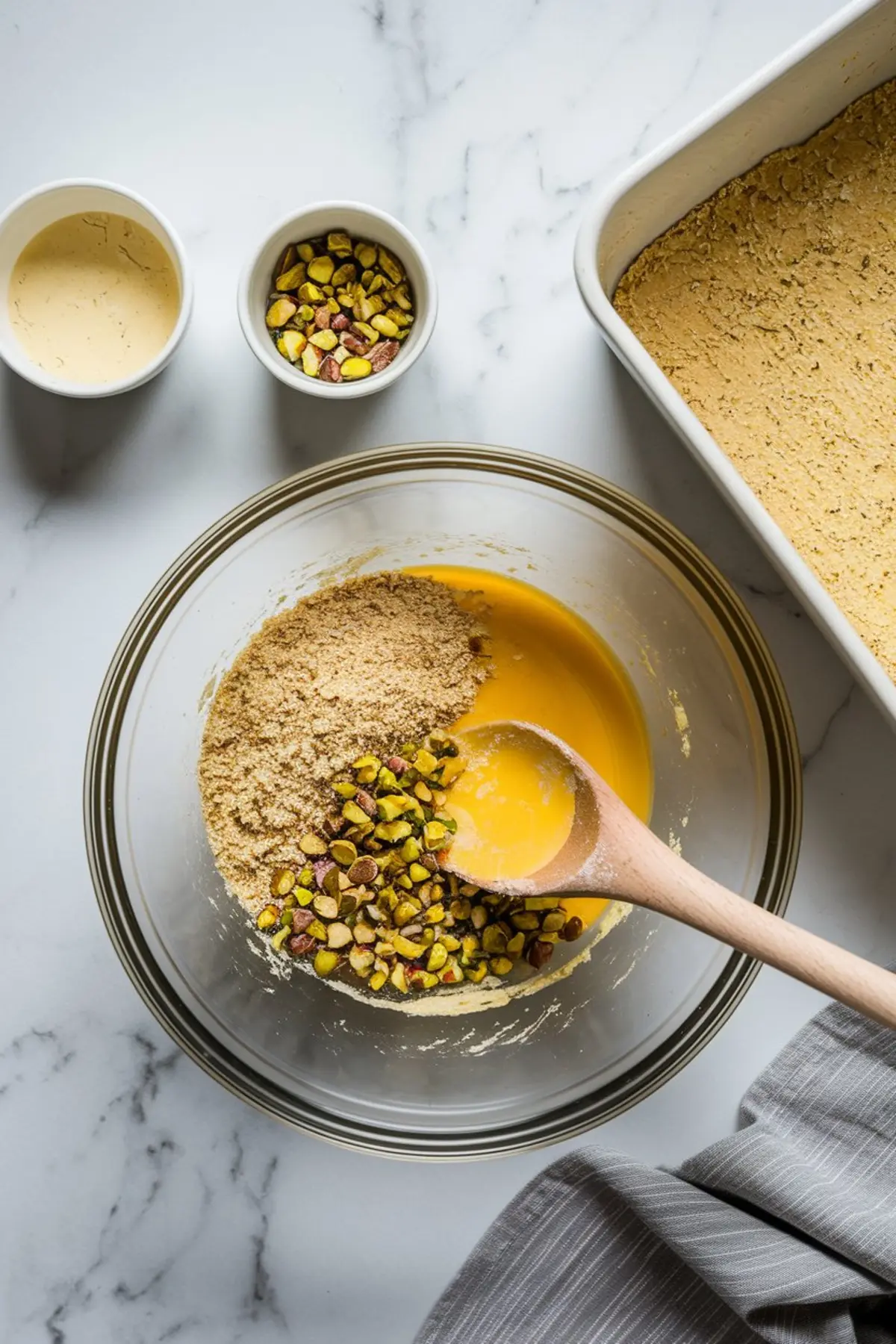Overhead shot of a mixing bowl with pistachios, melted butter, and almond flour being stirred with a wooden spoon, next to a baking pan with a prepared crust and small bowls of ingredients.