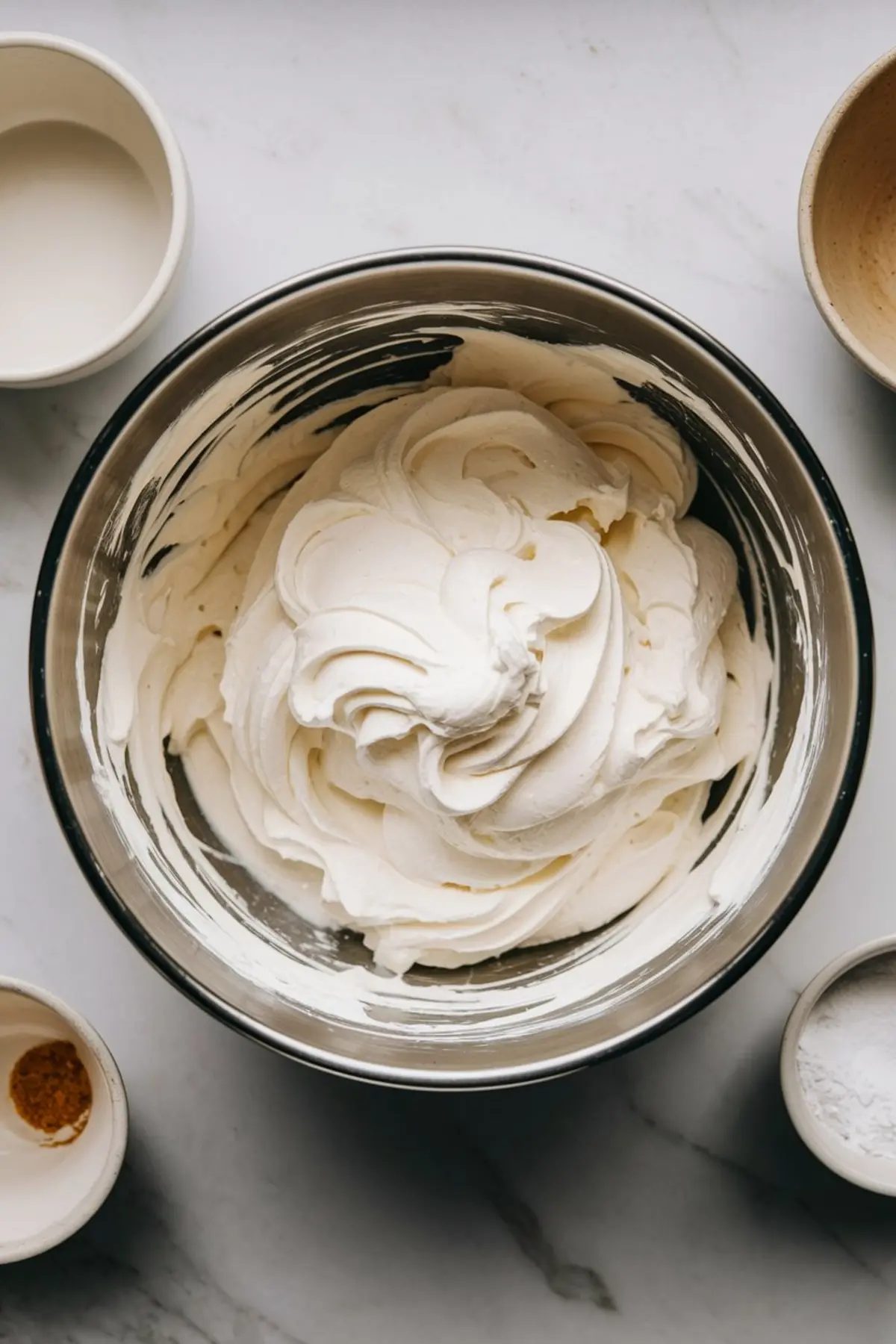 Overhead view of a stainless steel bowl filled with thick whipped cream, surrounded by small ceramic bowls with powdered sugar and other ingredients on a marble surface.