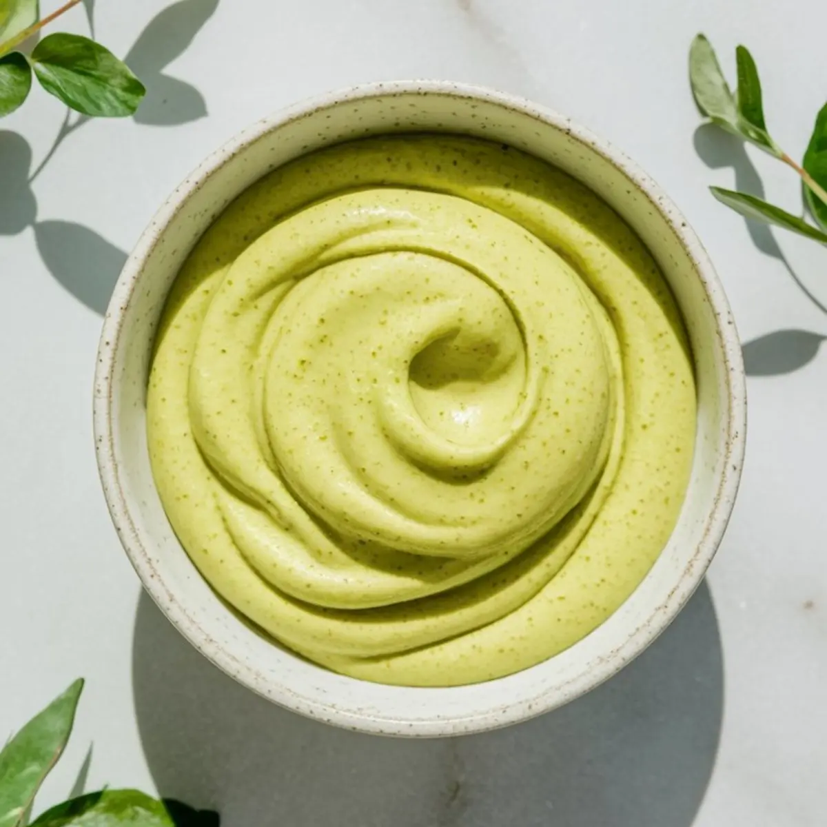 Overhead image of a ceramic bowl filled with smooth, swirled pistachio pudding, placed on a light marble surface with green leaves around the edges.