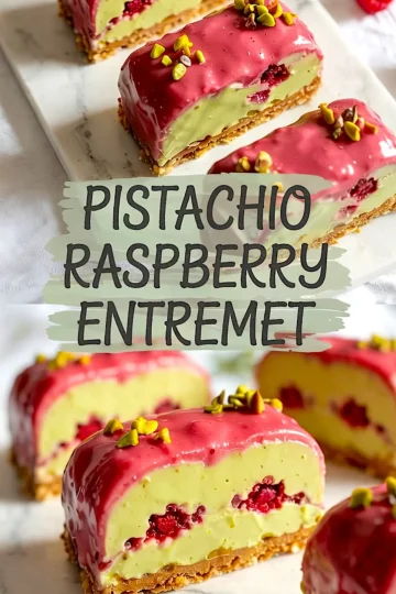 Pistachio raspberry entremet with a glossy pink raspberry glaze, vibrant green pistachio mousse, and a layer of whole raspberries inside, presented on a crunchy biscuit base and garnished with chopped pistachios.