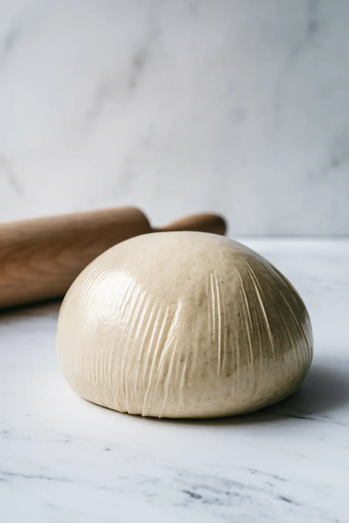 Ball of wrapped galette dough resting on a marble counter beside a wooden rolling pin, prepared for chilling before rolling out.