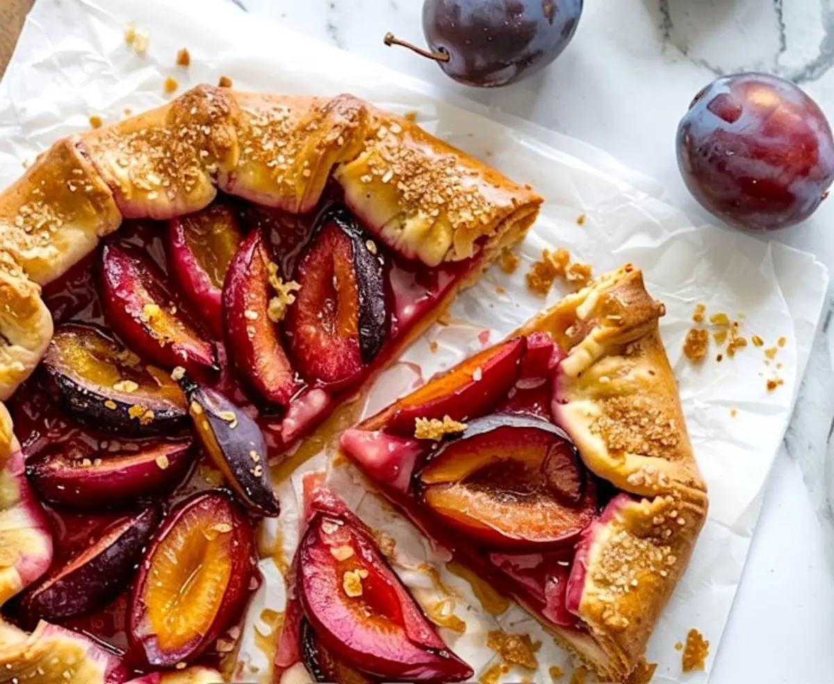 Baked plum galette with golden crust and glossy plum slices, styled on parchment paper with crumbs and fresh plums on a marble background.