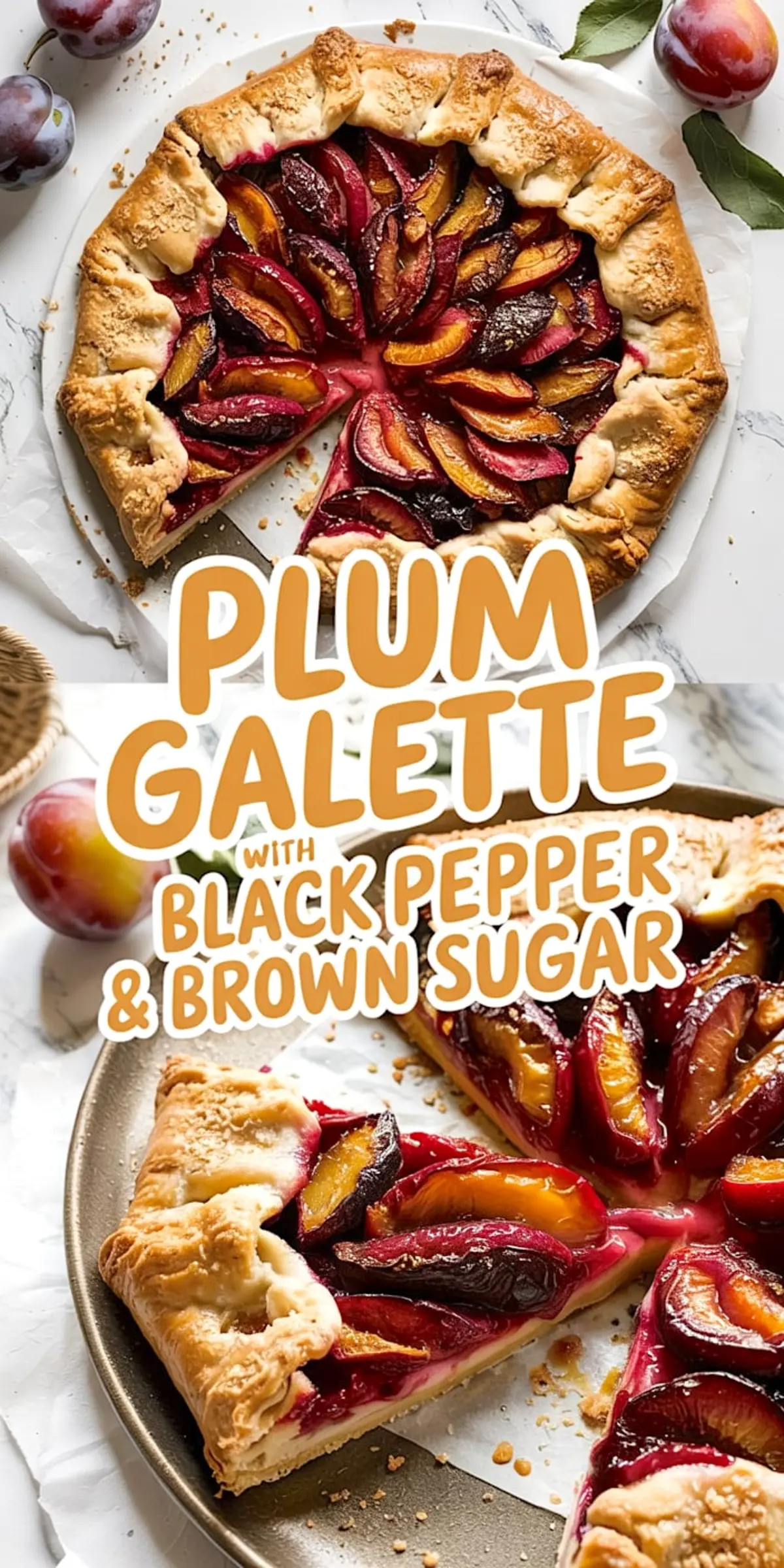 Flat lay of a plum galette with caramelized plum wedges baked into a golden brown crust, surrounded by whole plums and styled with crumpled parchment, featuring a bold text overlay in orange reading “Plum Galette with Black Pepper & Brown Sugar.”